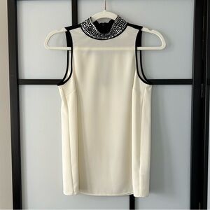 [XXS] Michael Kors White/Black Crystal Embellished Collar Sleeveless Tank Blouse